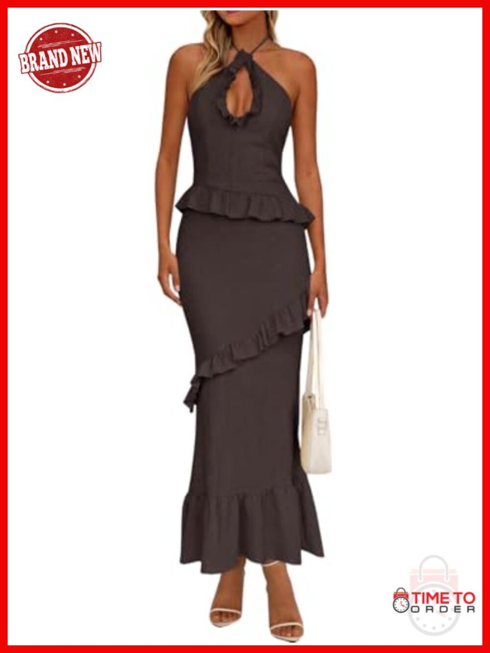 Womens Halter Maxi Dress Sleeveless Backless Cutout Ruffle Party